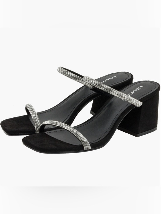 Lisa Vicky Shoes - LISA VICKY Mood Pavé Block Heel Slide Black and Rhinestones Women's Sandals